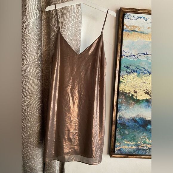 Wilfred Satin Slip Mini Dress Tan Copper  Size Small Adjustable Straps Side Slit - Picture 11 of 13